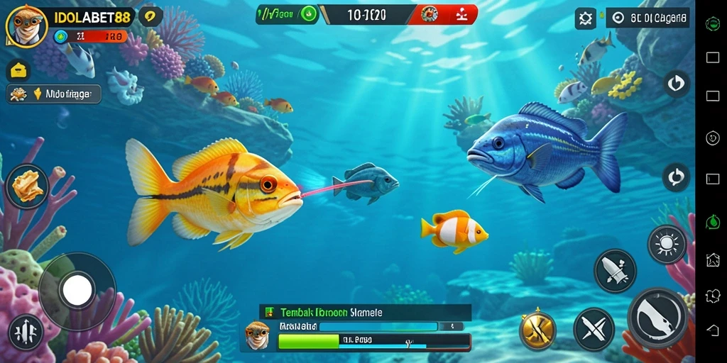 Screenshot gameplay IDOLABET88 dengan aksi menangkap ikan.