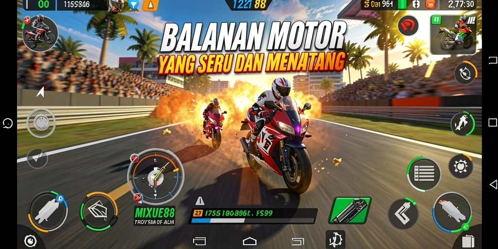 Tampilan utama gameplay <strong>MIXUE88</strong> yang menampilkan aksi balapan motor yang mendebarkan.